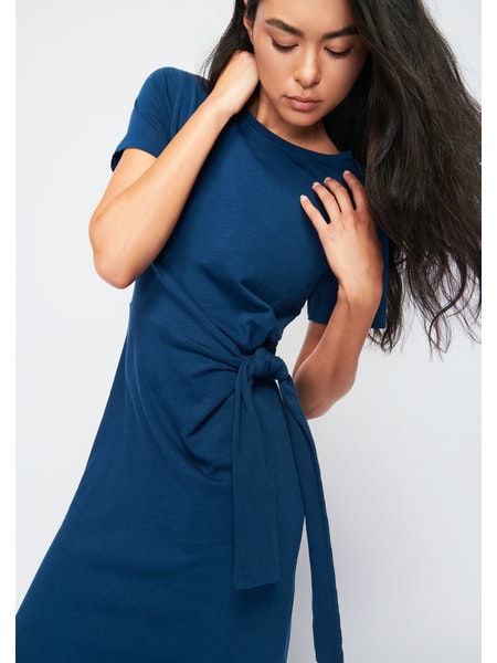 Lavi Tied T-Shirt Dress with Slit Navy