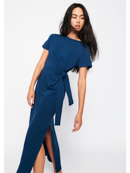 Lavi Tied T-Shirt Dress with Slit Navy