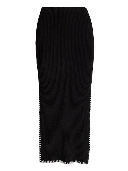 Cotton Cashmere Ribbed Embroidered Skirt Black