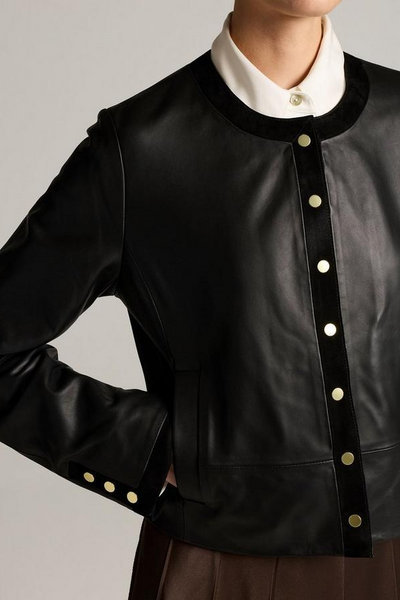 Suede-Trimmed Leather Cropped Jacket