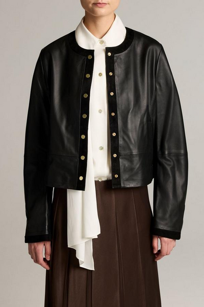Suede-Trimmed Leather Cropped Jacket