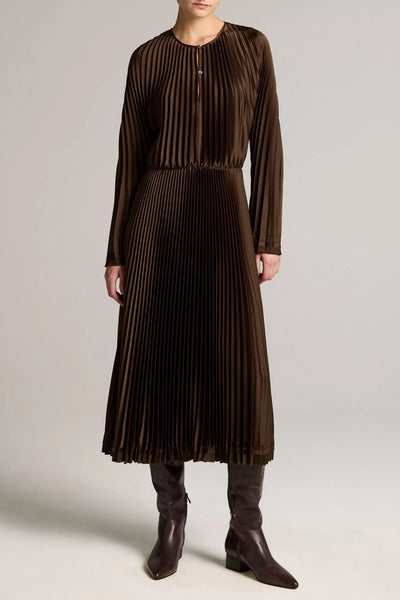 Contrast-Trim Pleated Satin Dress