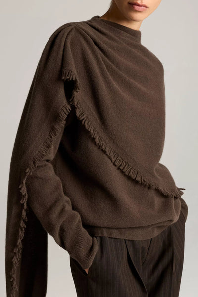 Fringed Draped-Shawl Wool-Cashmere Sweater