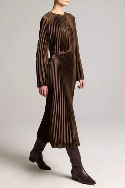 Contrast-Trim Pleated Satin Dress