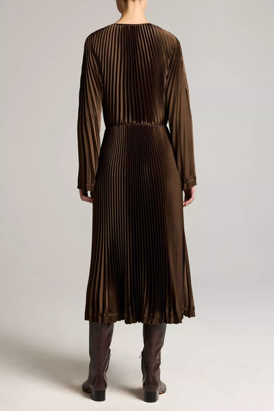 Contrast-Trim Pleated Satin Dress