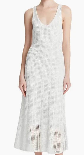 Mesh Grid Godet Dress Off White